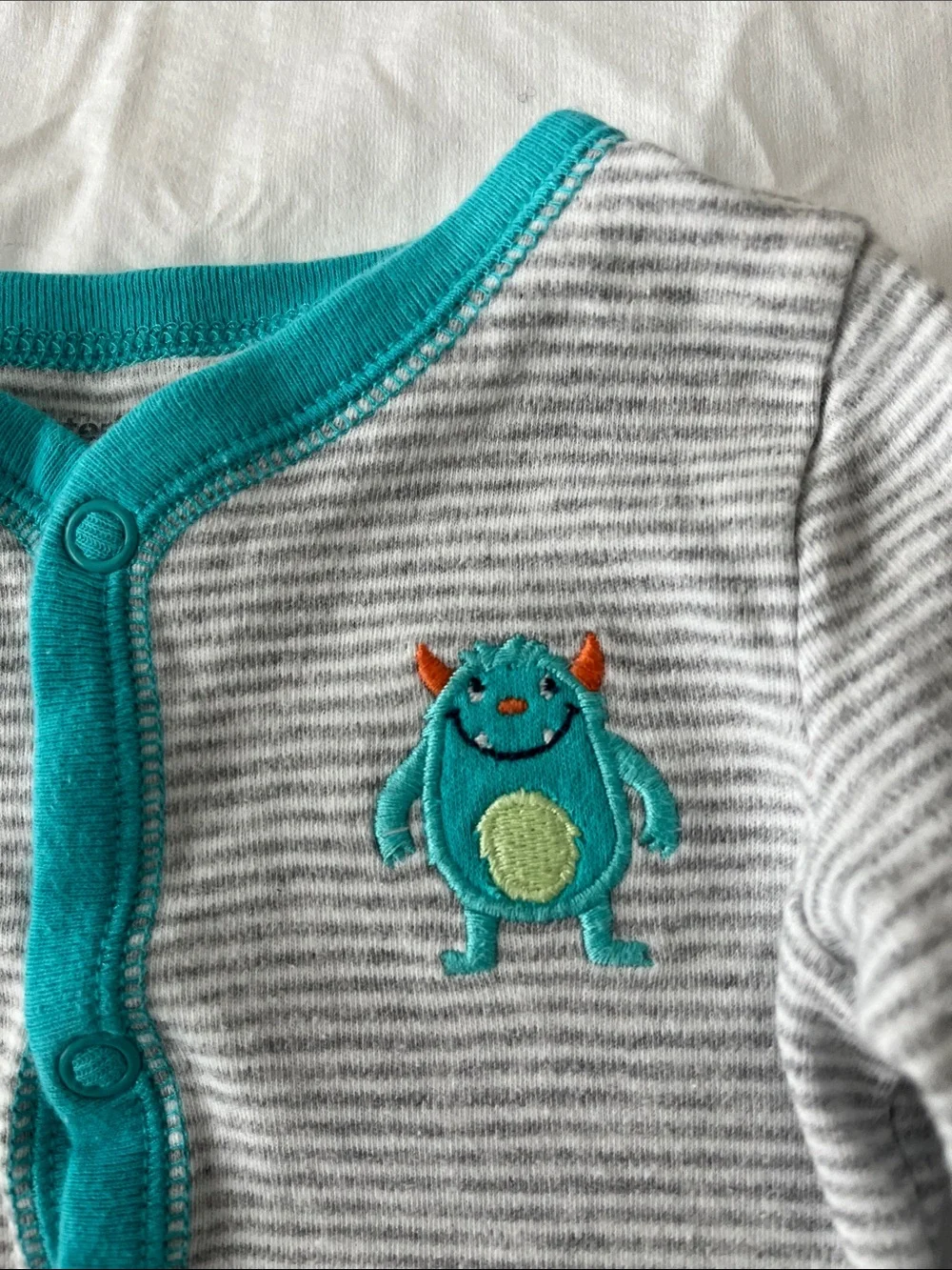 Carter's unisex Gray Striped Footed One-Piece with Teal Trim pajamas